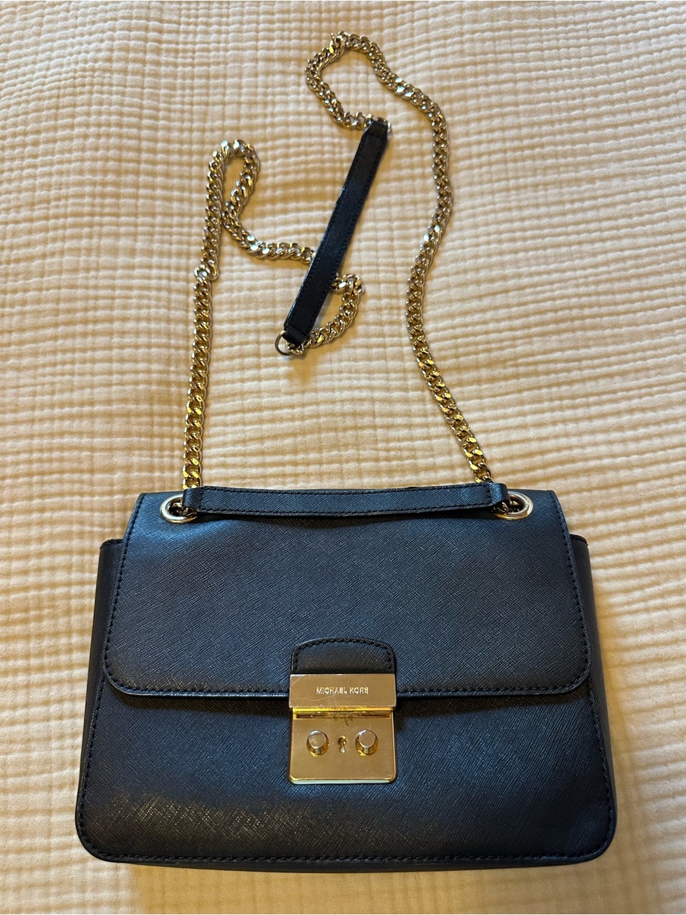 Michael Kors Black Leather Shoulder Bag with Gold Chain